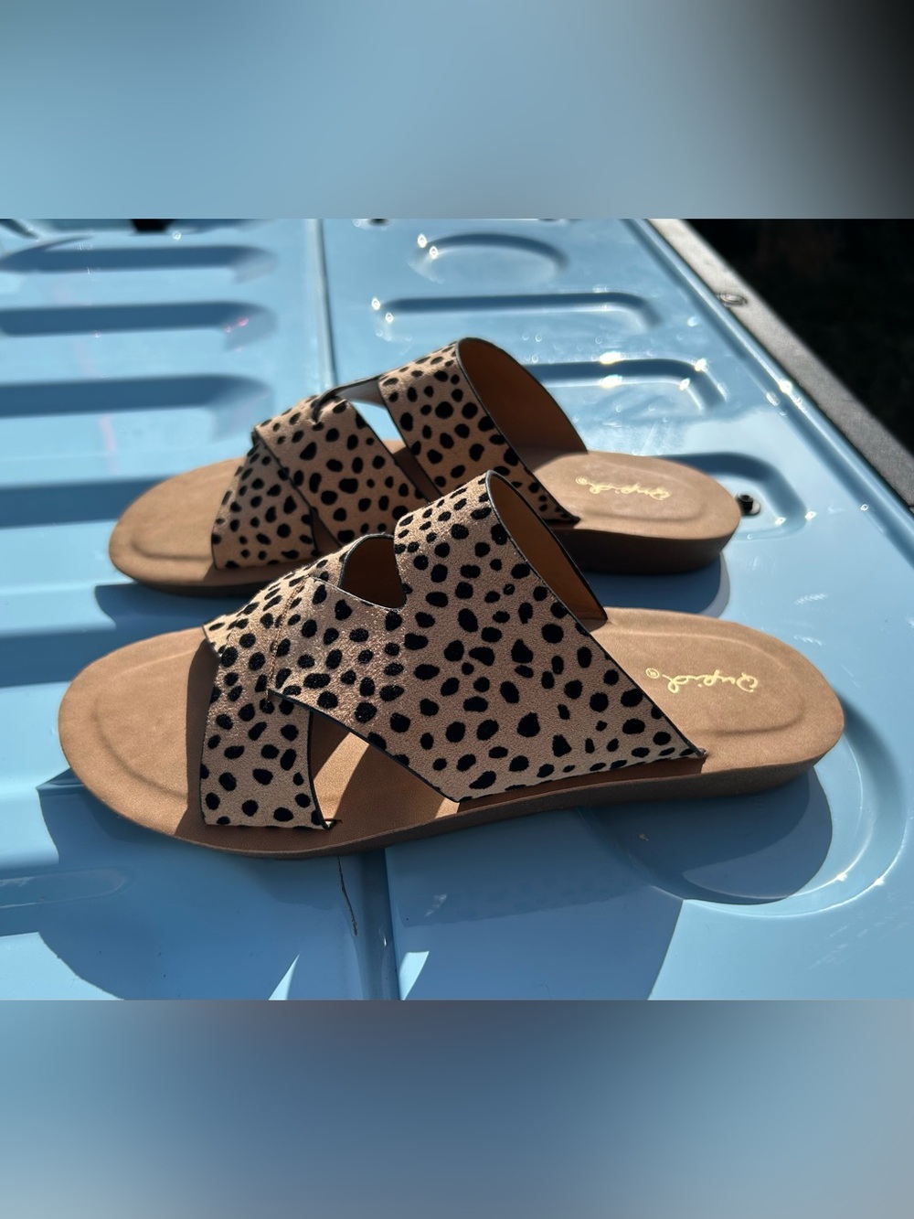 Qupid Leopard Print Slide Sandals - Tan/Black